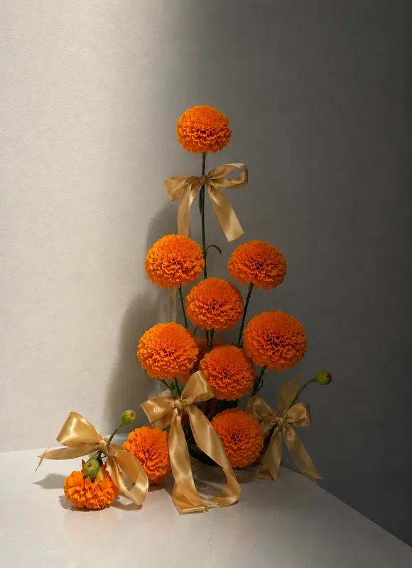 Escultura de cravos laranja com laços dourados