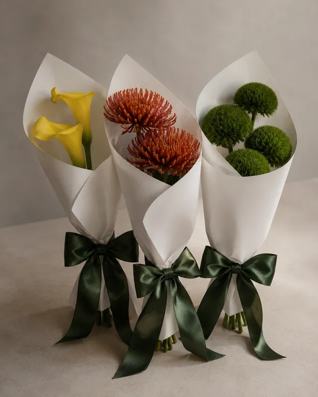 Três mini buquês em cone de papel com laço verde