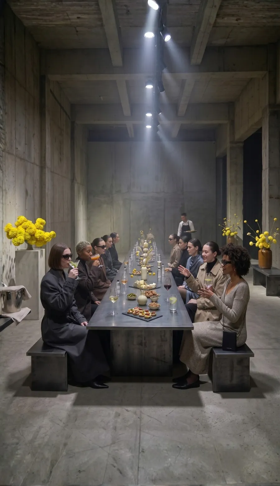 Mesa longa de jantar com flores amarelas num galpão