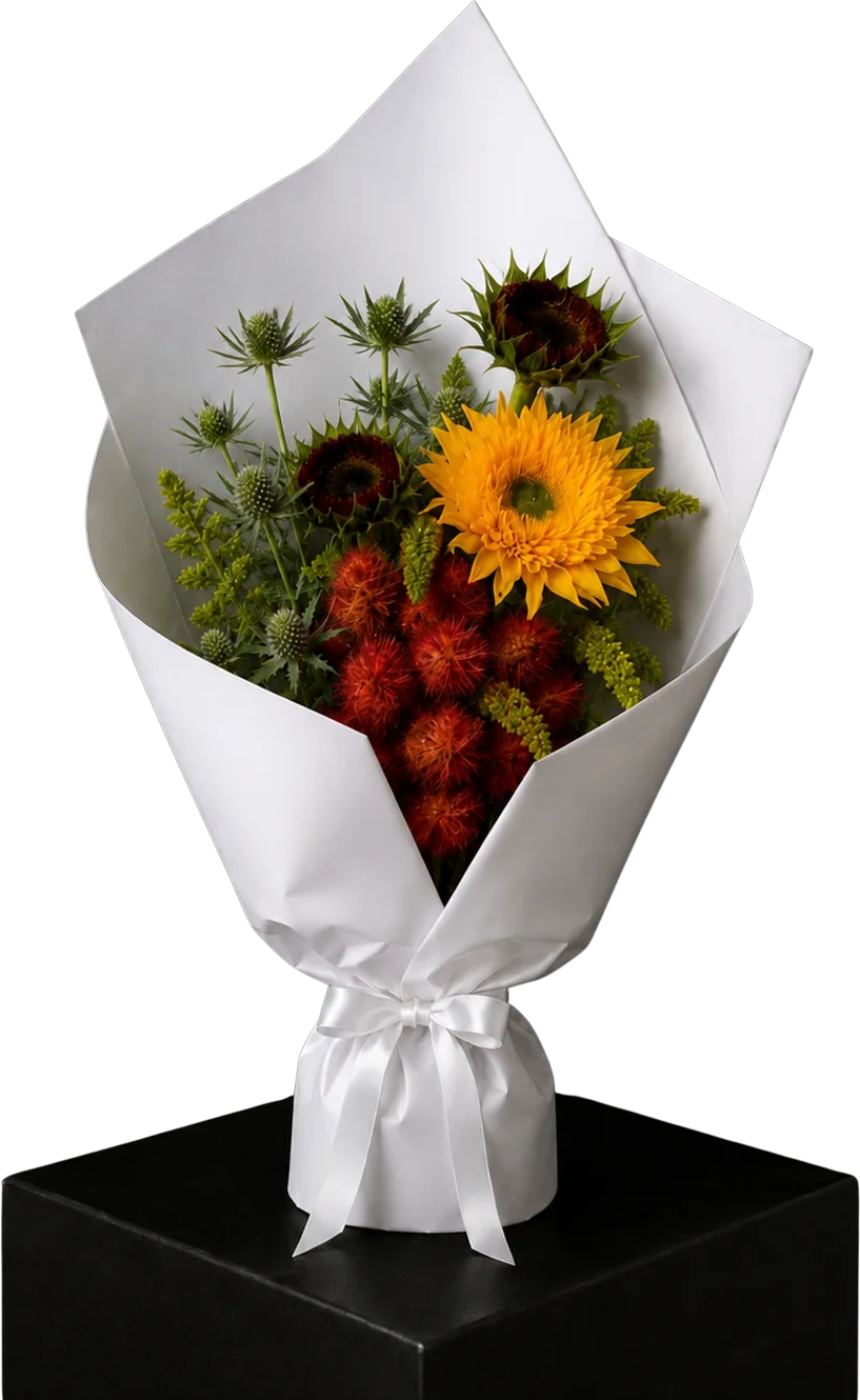 Buquê com girassol e flores vermelhas embrulhado em papel branco